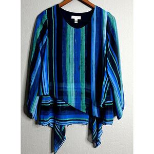 Susan Graver Womens XS Blue‎ Tiered Striped Sheer Chiffon Asymmetrical Top Boho